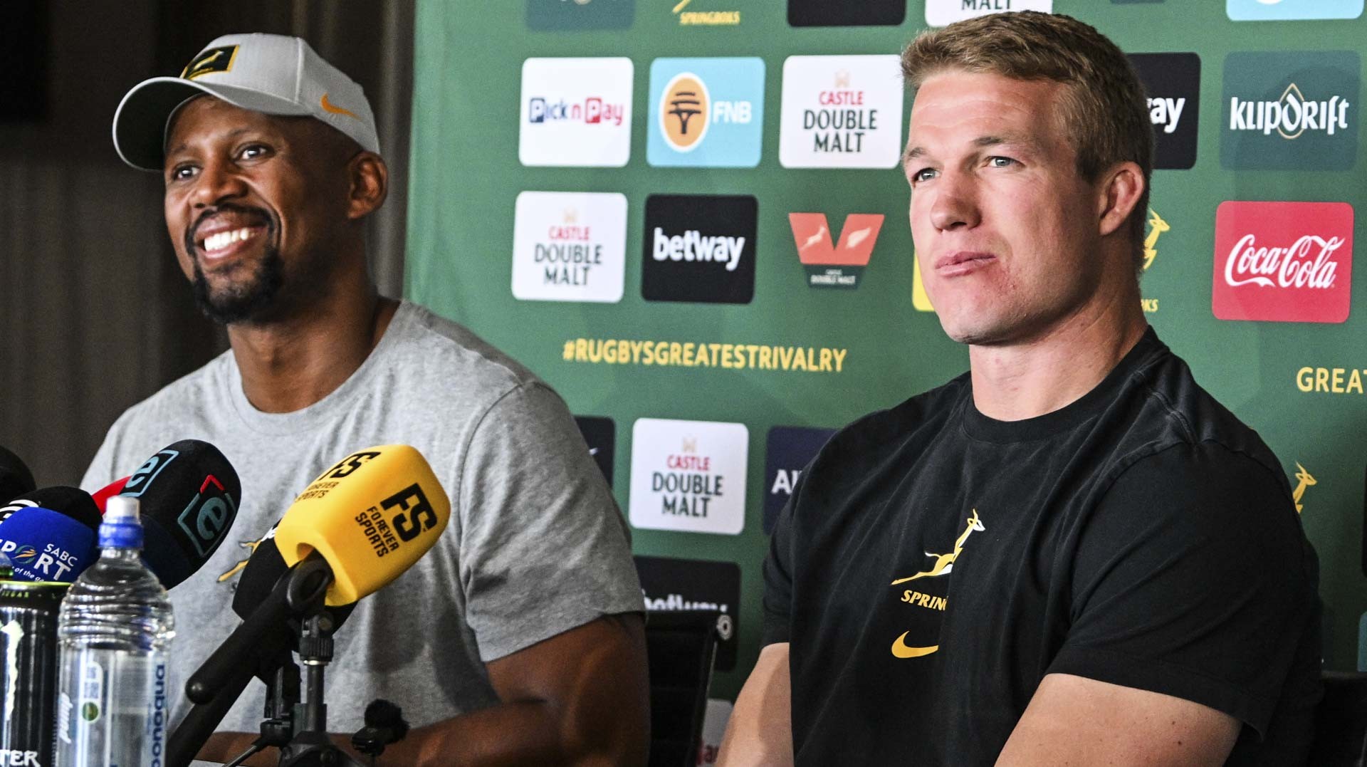 Mzwandile Stick and Pieter-Steph du Toit speaking during a media briefing in Johannesburg.