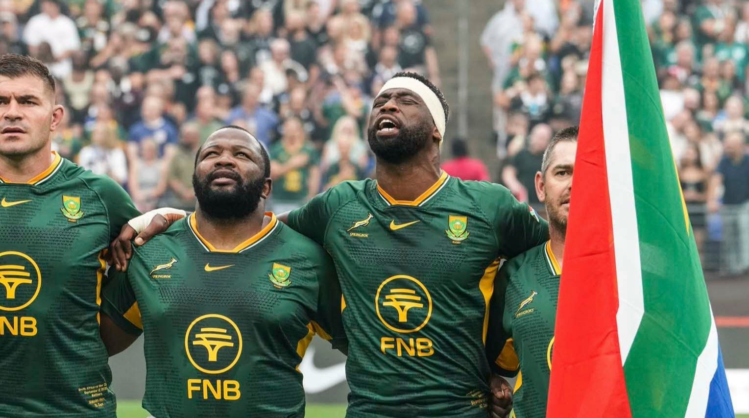 Springboks players singing the national anthem before a match.